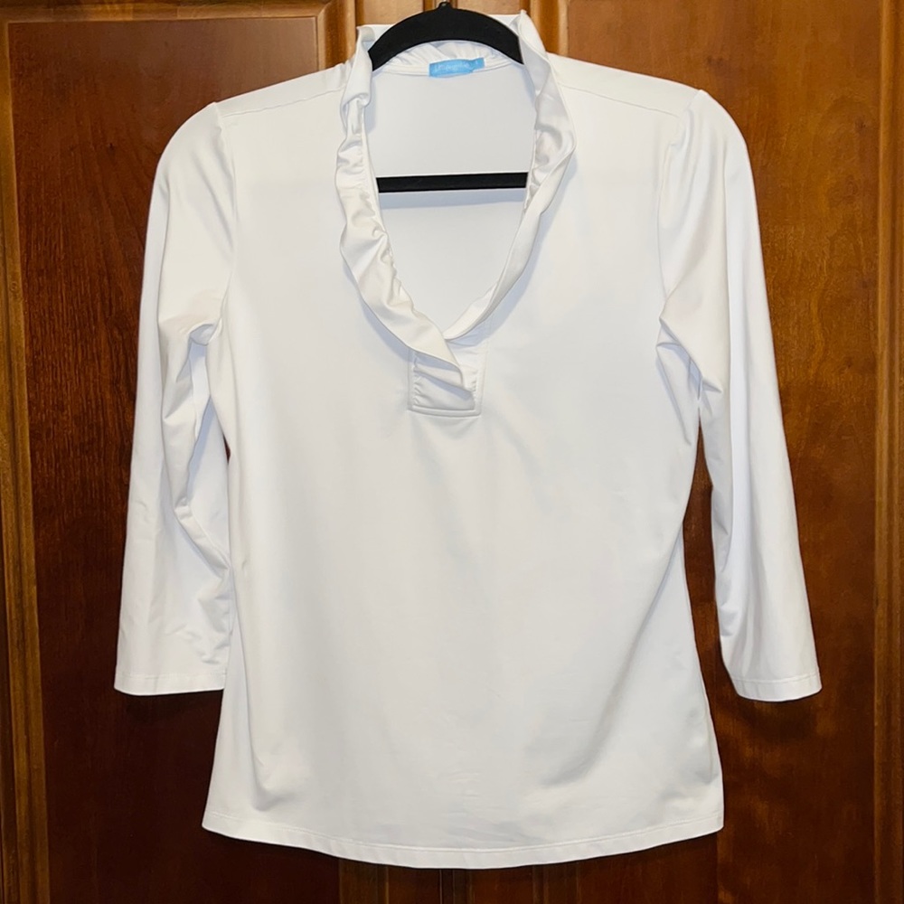 J. McLaughlin 3/4 Sleeve Blouse Small White Ruffle Neck